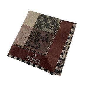 Vintage Fendi Cotton Scarf – Patchwork Logo Motif – Brown Neutrals